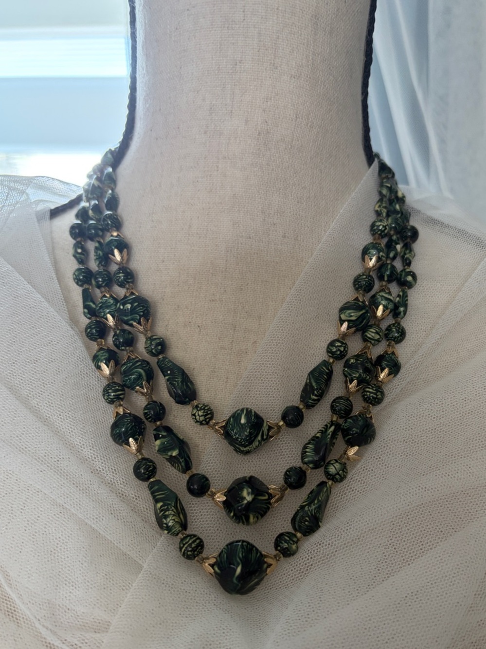 Three-Strand Green and Gold Statement Necklace